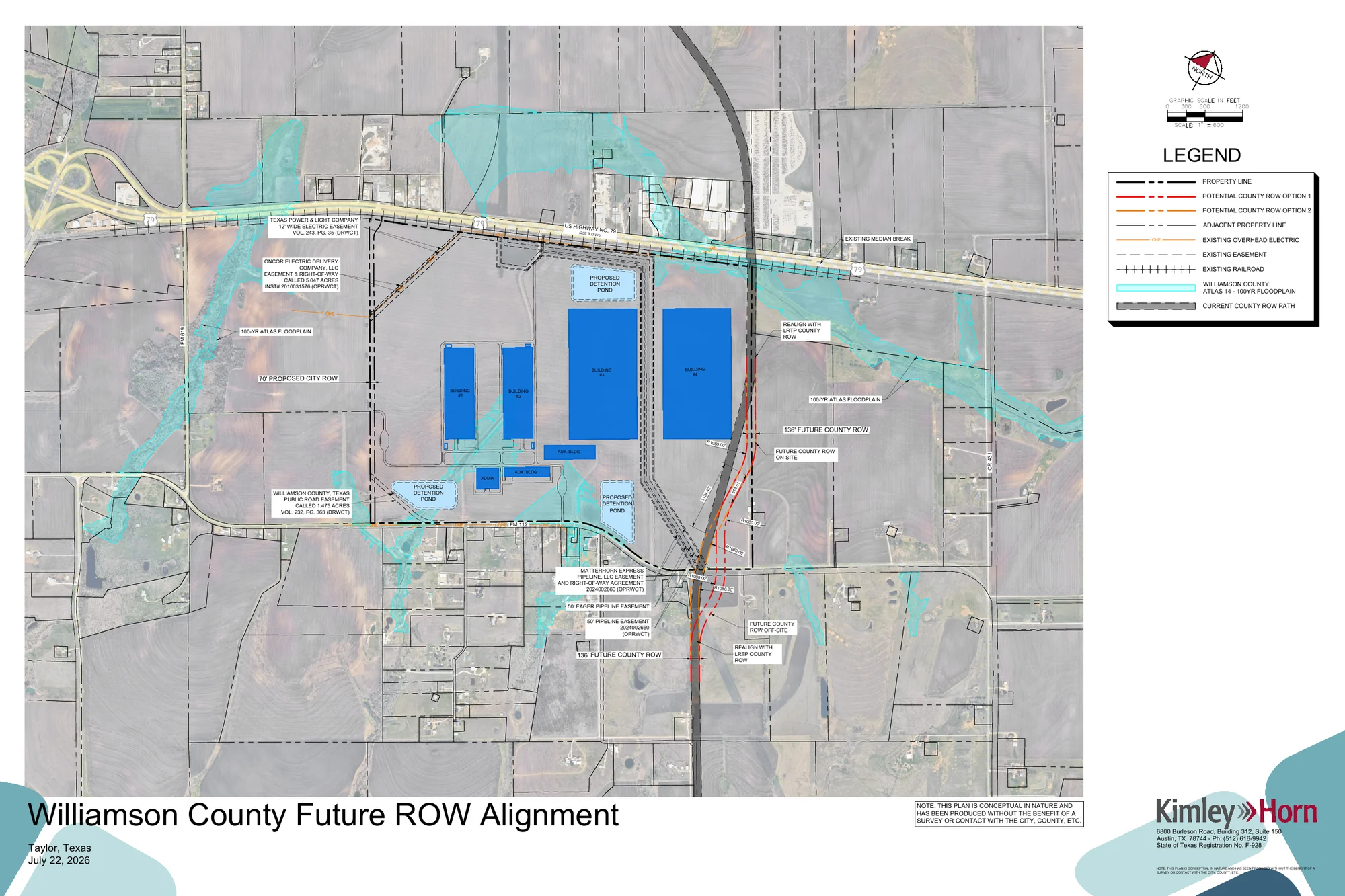 July 22, 2026 conceptual Project Mustang road and site exhibit showing two potential Williamson County road alignments